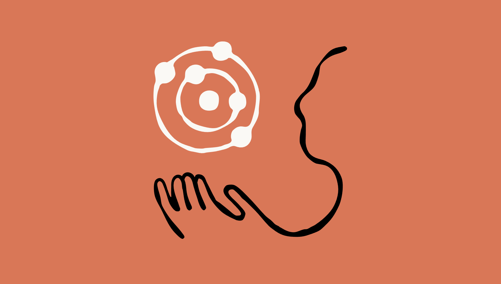 Abstract face with hand and circles on orange.