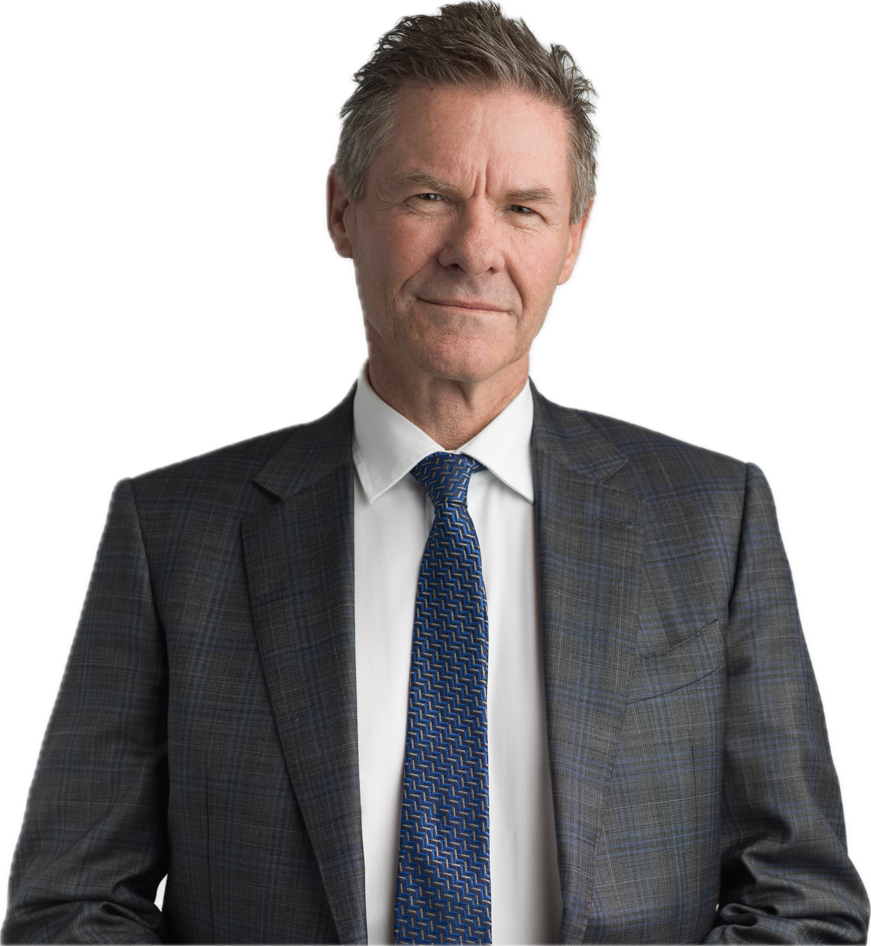Businessman in suit with blue tie, neutral expression.